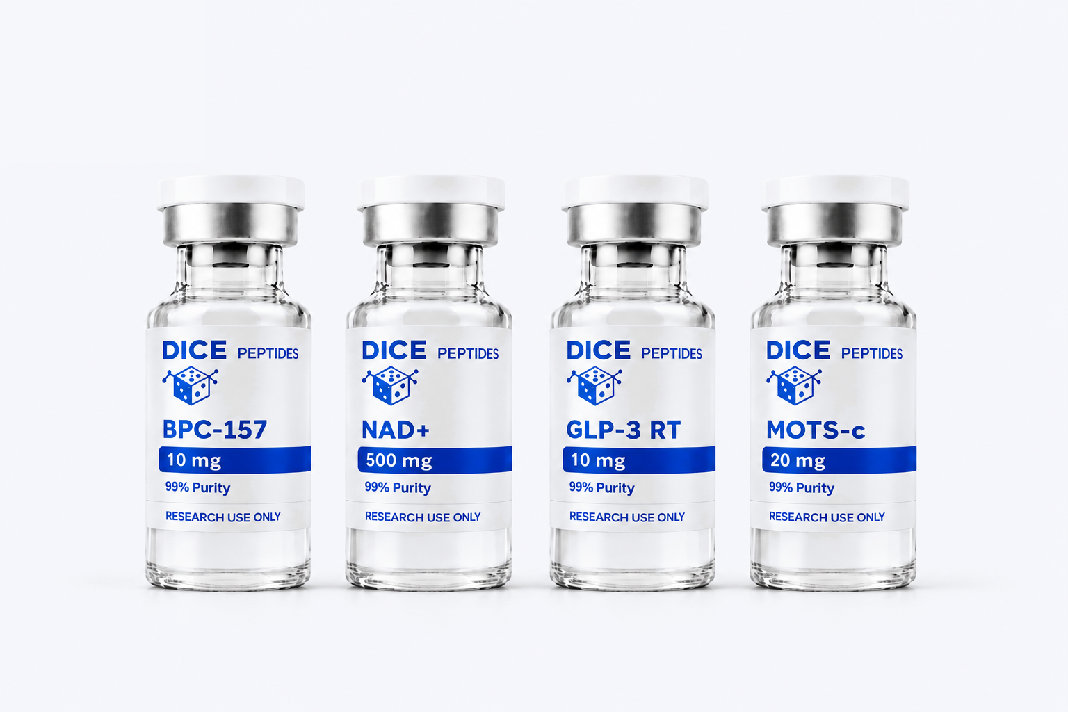 Dice Peptides research peptide vials — BPC-157, NAD+, GLP-3 RT and MOTS-c