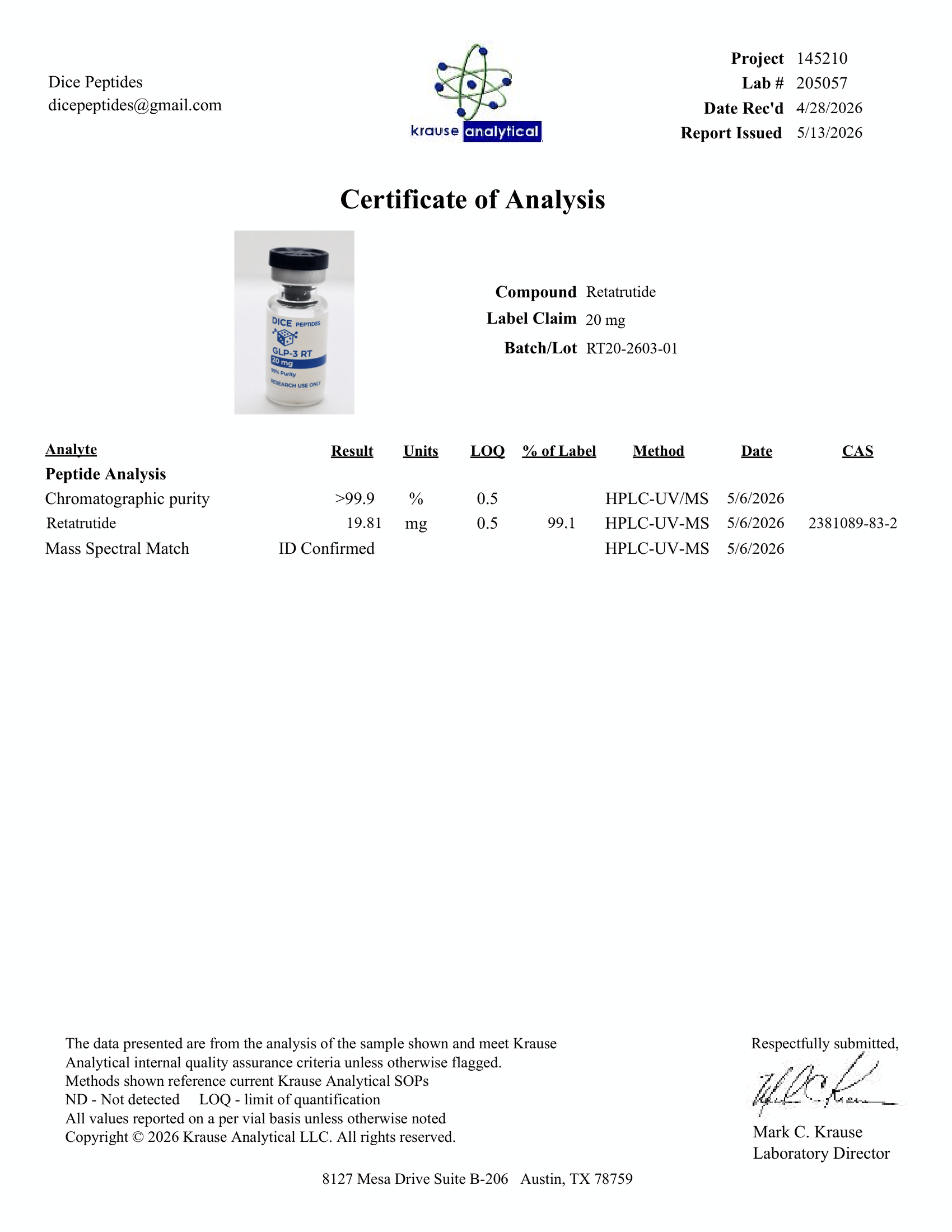 GLP-3 RT 20 mg Certificate of Analysis